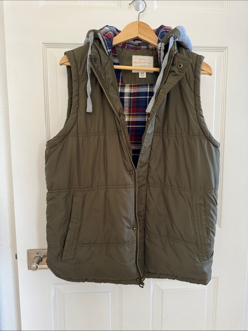 Weatherproof Vintage Men's Olive Hooded Quilted Vest with Plaid Lining